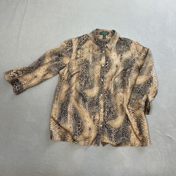Lauren Ralph Lauren Shirt Womens 2X Brown Black Snake Print Button Up Cotton Top - Picture 1 of 10